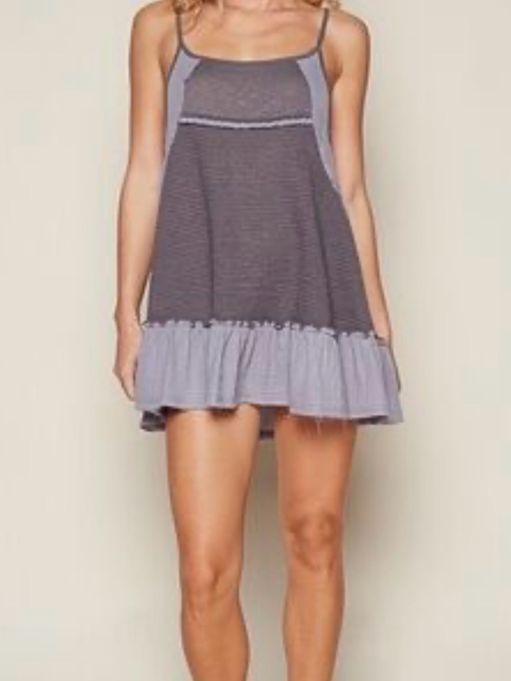 POL Purple Grey Textured Tiered Spaghetti-Strap Mini Dress• Small